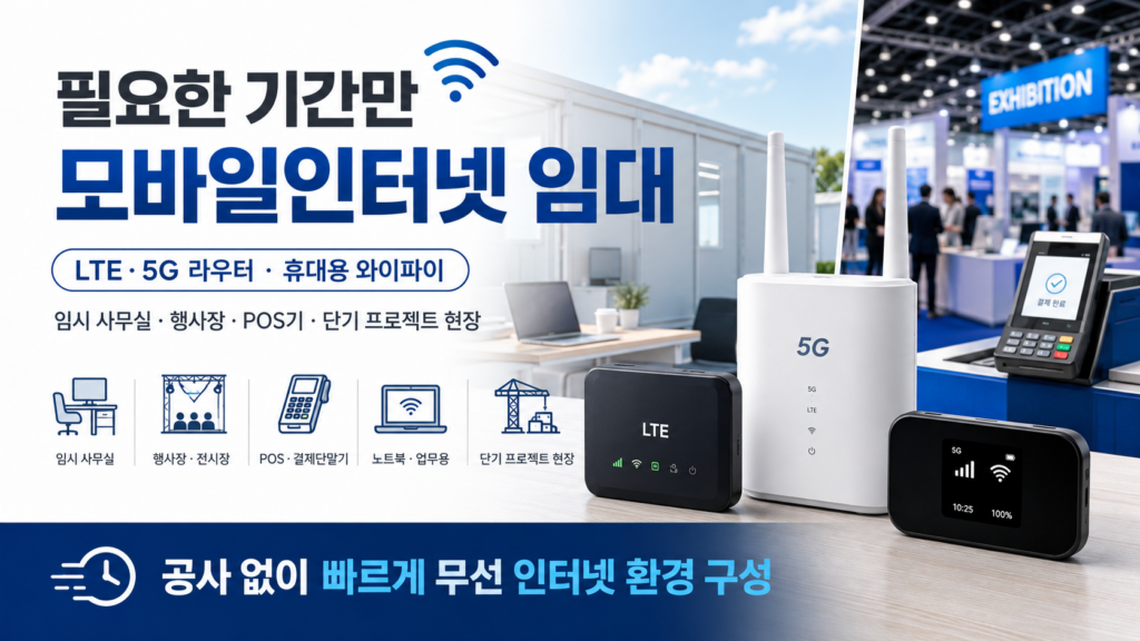 공사 없이 필요한 기간만 LTE 무선라우터, 5G 라우터, 휴대용 와이파이를 임대해 행사장, 전시장, 임시 사무실, POS 단말기 현장 등에 인터넷 환경을 구성하는 이미지입니다.